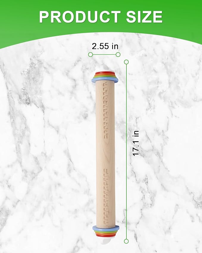 16.7" Rolling Pin with Thickness Rings for Cookies, Dough, Pizza & Pastries, Roller Rod for Dough Thickness, Adjustable Wooden Rolling Pin with 4 Thickness Rings,1PCS