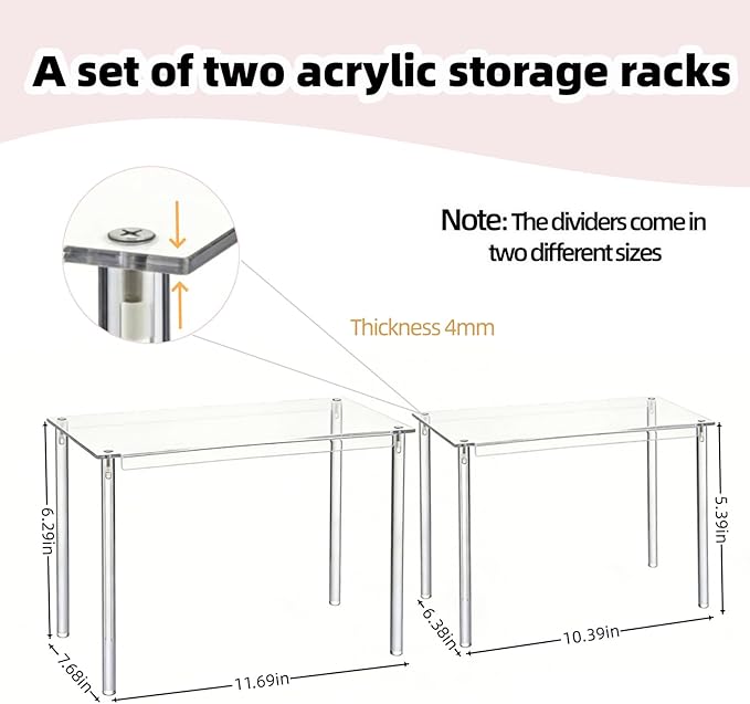 Clear Acrylic Cabinet Organizer, 2-Pack Stackable Shelf Riser for Kitchen Pantry & Countertop, Tiered Spice Rack Organizer for Cabinets, Desk & Bathroom