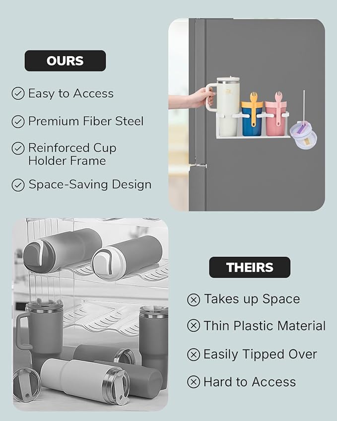 HAMARA Fiber Steel Magnetic Stanley Cup Holder for Fridge – 2-Pack Tumbler & Lid Organizer, Heavy-Duty Water Bottle Storage, Kitchen & Pantry Organizer for Stanley Cup Accessories (White)