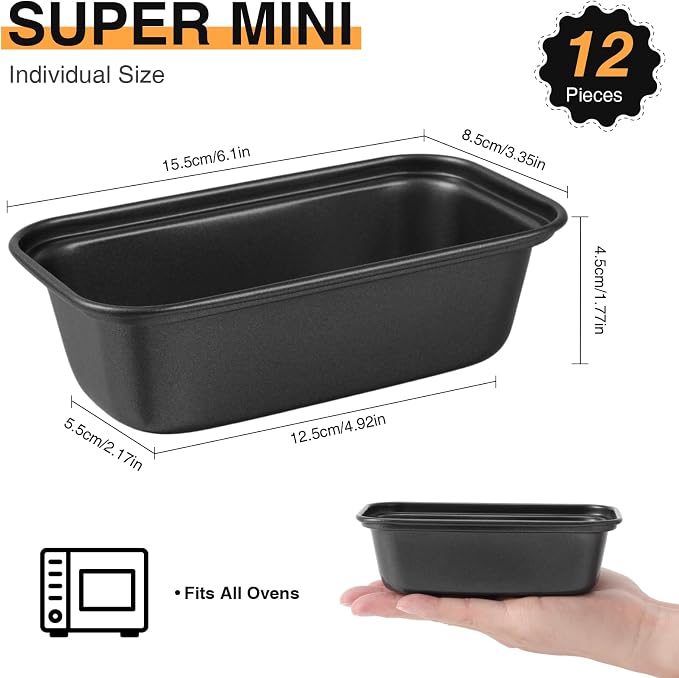 12PCS Mini Loaf Pans for Baking Bread, 6 X 3 X 2 in Nonstick Mini Bread Loaf Pans, Carbon Steel Small Bread Pans, Rectangle Small Banana Bread Tins for Baking Meatloaf, Brownies, Black