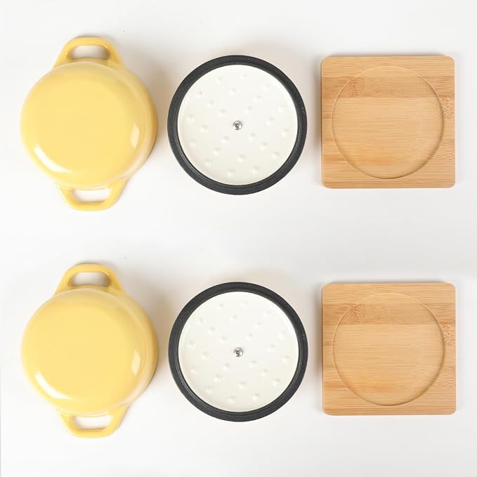 HAWOK Enameled Cast Iron Mini Dutch Oven, Dia5.51”, 23oz, with Bamboo Tray, Set of 2, Yellow