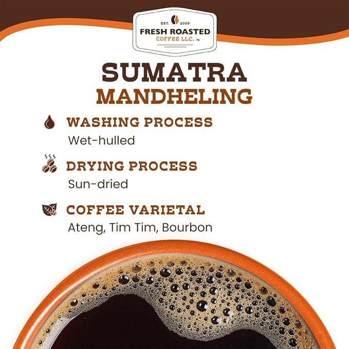 Fresh Roasted Coffee, 100% Sumatra Mandheling Whole Bean Coffee, Medium Roast, Single Origin, Kosher, 12 oz