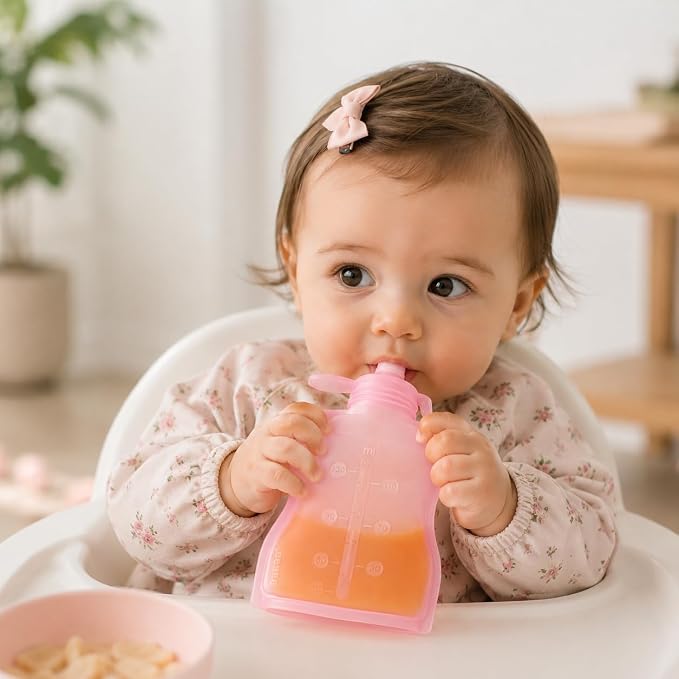 haakaa Silicone Yummy Pouch 4.5 oz – Reusable Silicone Snack & Smoothie Pouch, Refillable, Leak-Resistant, Dishwasher Safe, Eco-Friendly Food Storage for Babies Kids & Toddlers (2-PK, Strawberry)