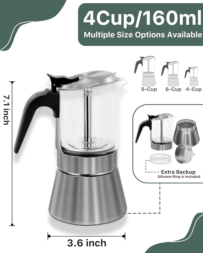 Grasseed Crystal Glass-Top Moka Pot, Polished Stainless Steel Stovetop Espresso Maker for Italian Coffee, Gift for Coffee Lovers - 4 Cup/160ml/5.6oz