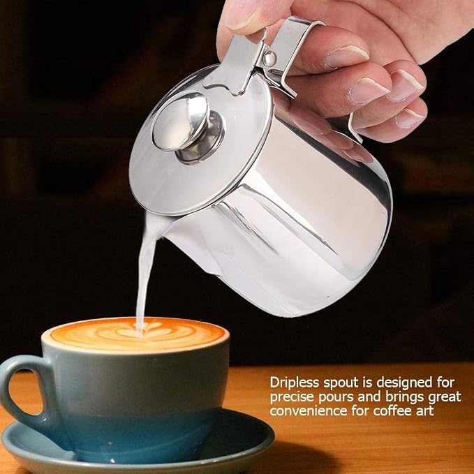 Frothing Pitcher Stainless Steel Coffee Cup Mug Milk Frothing Pitcher Jug with Lid for Latte Coffee Art(350ml)