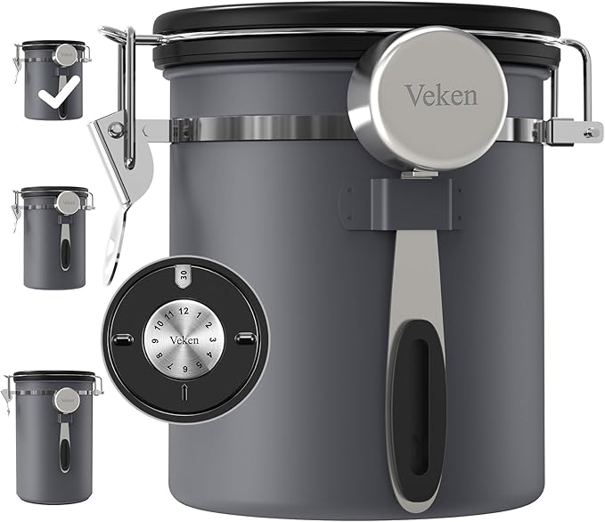Veken Coffee Canister, Airtight Stainless Steel Kitchen Food Storage Container Holder for Beans, Ground, Tea, Flour, Cereal, Sugar, Espresso, Bar Accessories, Lids, Jars, Sealed Tin, Scoop,16OZ, Gray