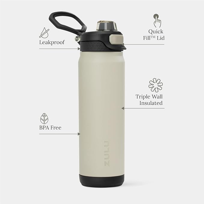 ZULU Powerfill Pro 24oz Stainless Steel Water Bottle with Quick Fill Lid, Triple Walled Vacuum Insulated Metal, Leak Proof Locking Lid, Sip and Chug, Reusable BPA Free, Ash