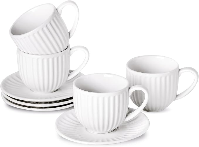 Ceramic Espresso Cups with Saucers 5 Oz,Set of 4 Porcelain Demitasse Cups Set,Small Coffee Cups with Handle for Coffee,Tea,Latte and Macchiato,Cappuccino Mugs for Kitchen and Cafe,White