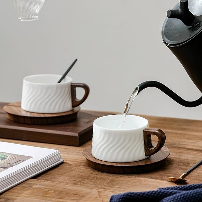 5oz/150ml Cappuccino Cup and Saucer Set, White Porcelain Cup with Walnut Wood Saucer, Espresso Coffee Mug, set of 1 (SYJ-TC002)