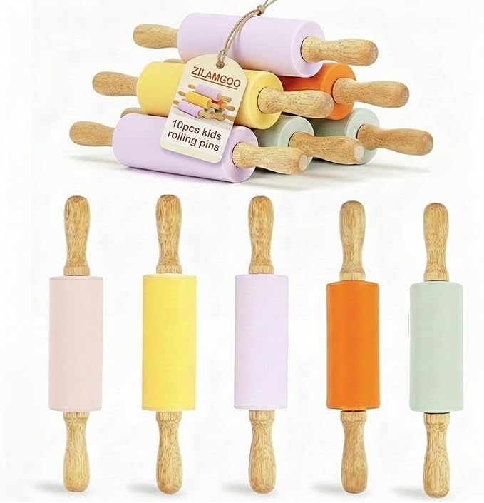 10 Pack Kids Rolling Pins, 9 Inch Small Silicone Rolling Pin with Wooden Handle for Baking Dough Cookie Fondant Pastry, Colorful Rolling Pins for Kids and Adults