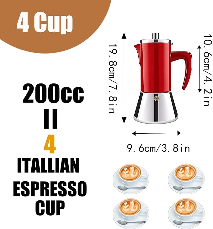 4 Cup Thickened 304 Stainless Steel Moka Pot Stovetop Espresso Maker Cafeteras Italian Percolator Espress Makers Capable Greca Mocha Coffee Machine for Induction Home and Camping 200ml 6.6oz