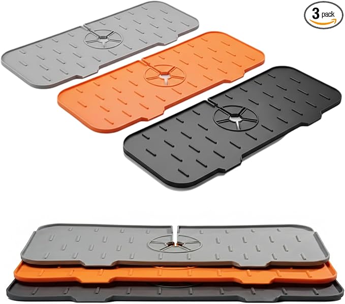 3-Pack Silicone Faucet Mat (14.75”) for Kitchen & Bathroom Sink, Extra-Wide Drip Catcher & Splash Guard Set, Quick-Draining Countertop Protector for Sponge, Soap, and Accessories