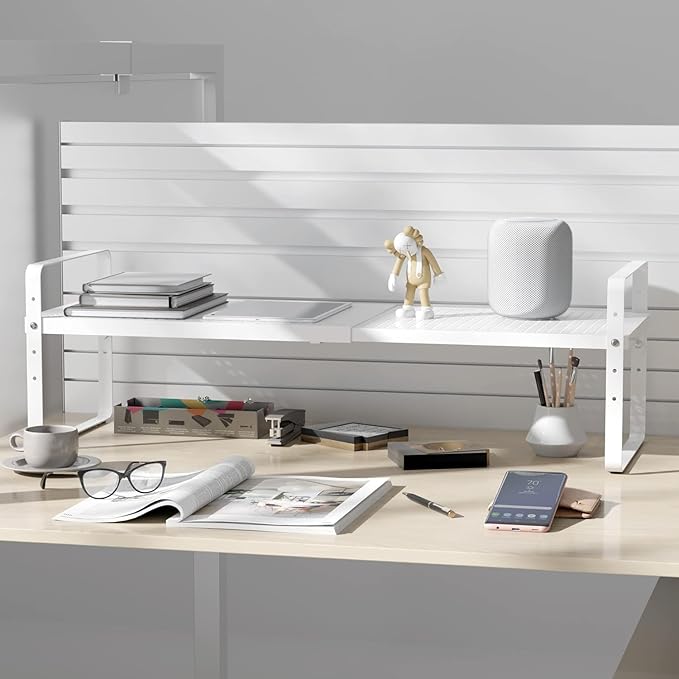 Expandable Cabinet Shelf Organizer Adjustable Metal Spice Rack Stackable Freestanding Counter Storage Shelves for Kitchen Cabinet Under Sink Office Desk (White - 3Pack - L16.5-27'' * W10.2'' * H9.6'')