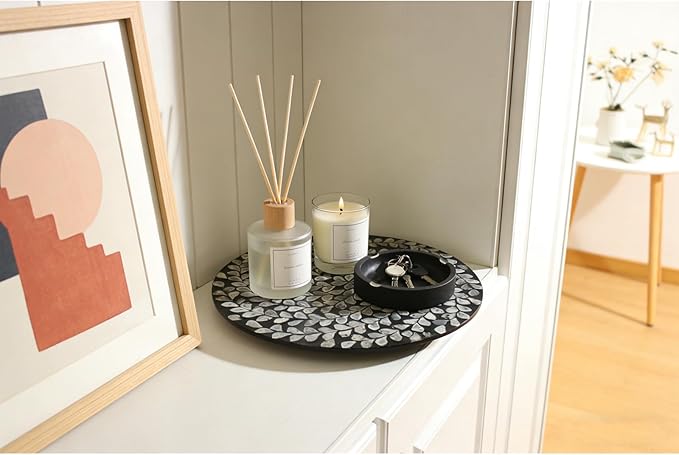 13.4" Mother of Pearl Lazy Susan, 360 Degrees Rotating Table Turntable Organizer Round Wood Spinning Tray for Countertop Table Cabinet Living Room Kitchen Office Home Decor (Black Willow)
