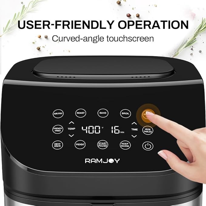RAMJOY Air Fryer 6.8 Quarts, 10-in-1 Functions, Air Fry, Roast, Bake, Broil, Dehydrate, Large & Compact Air Fryers, Nonstick & Dishwasher-Safe Airfryer Basket, Stainless Steel Air Fryer, Easy to Use