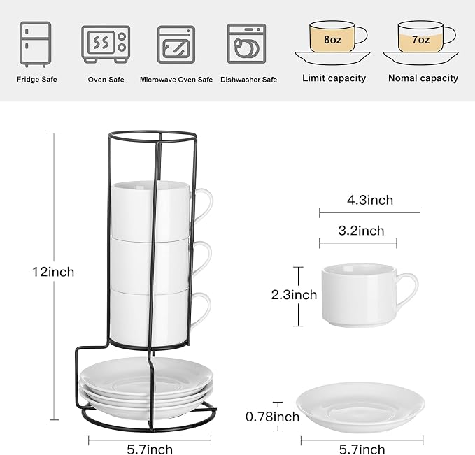 Cappuccino Cups Set of 4, 8oz Stackable Coffee Cups Set with Saucers and Metal Stand, White Coffee Mugs and Saucers for Cappuccino, Latte, Americano and Tea