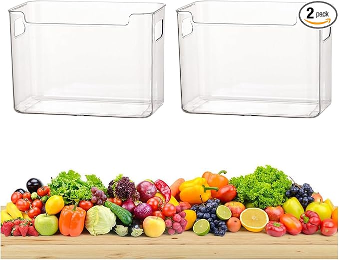 2/4/6/8 Pcs Crystal Clear Freezer Storage Bins, Freezer Organizer Bins, Clear Plastic Bins, Stackable Kitchen Cabinet Organizer with Handles for Frozen Food, Meat & Veggies (2, Transparent, L)
