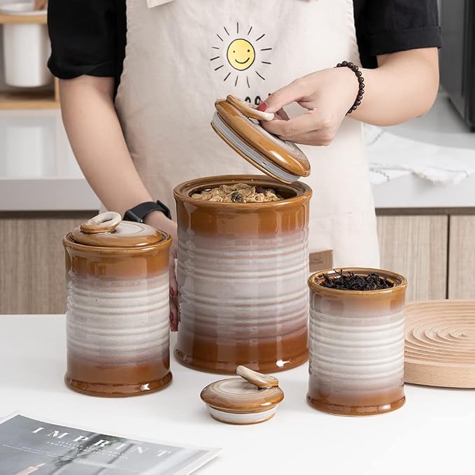 Nihow Food Storage Jar,Ceramic Canister Sets for The Kitchen,Set of 3,Brown | Air Tight Lid,Seal Damp-proof,For Flour/Sugar/Rice/Coffee/Cookies/Candy,Kitchen Counter Canister/Dishwasher Safe