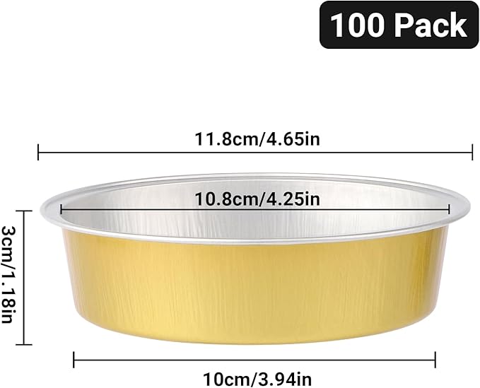 Beasea Aluminum Ramekins 100 Pack, 7.3oz 215ml Disposable Ramekins Foil Cups No Lids 4" Baking Ramekin Cup Cupcake Aluminum Mini Baking Cups for Party - Golden