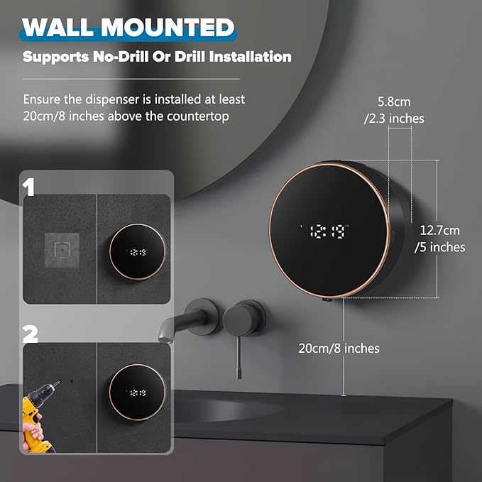 Automatic Soap Dispenser Foam Bathroom: Wall Mount Rechargeable Touchless Adjustable Auto Smart Electric Plastic Black Foaming Soap Dispenser with Clock - Kitchen - Hand Dish Lotion Couple Kids