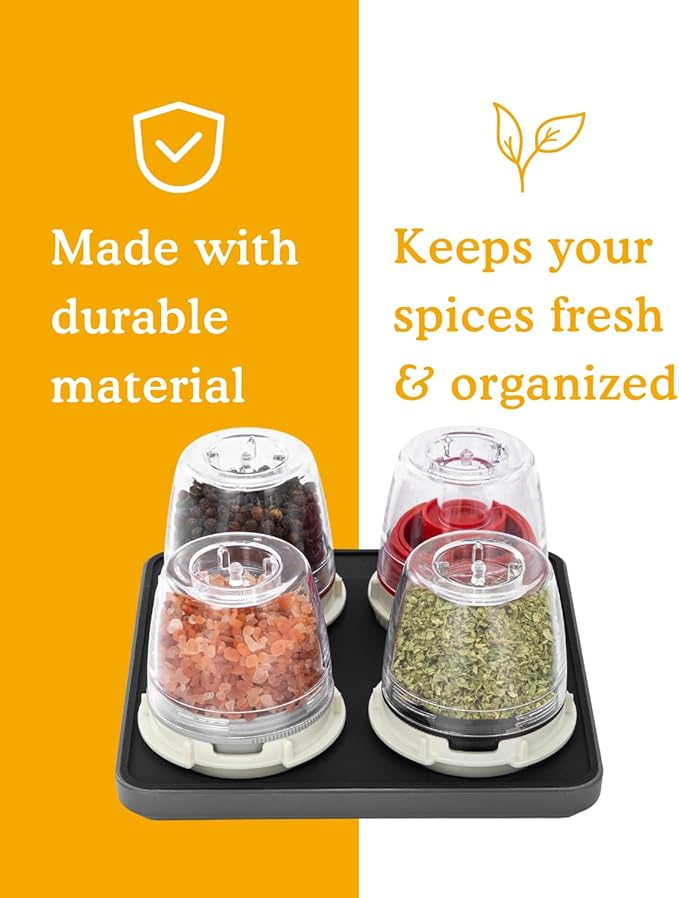 FinaMill Classic Battery Spice Mill Bundle with Slate Quartet Stackable Tray – One-Handed Grinder with Interchangeable Pods, Space-Saving Spice Organizer, Valentine’s Day Gift for Food Lovers