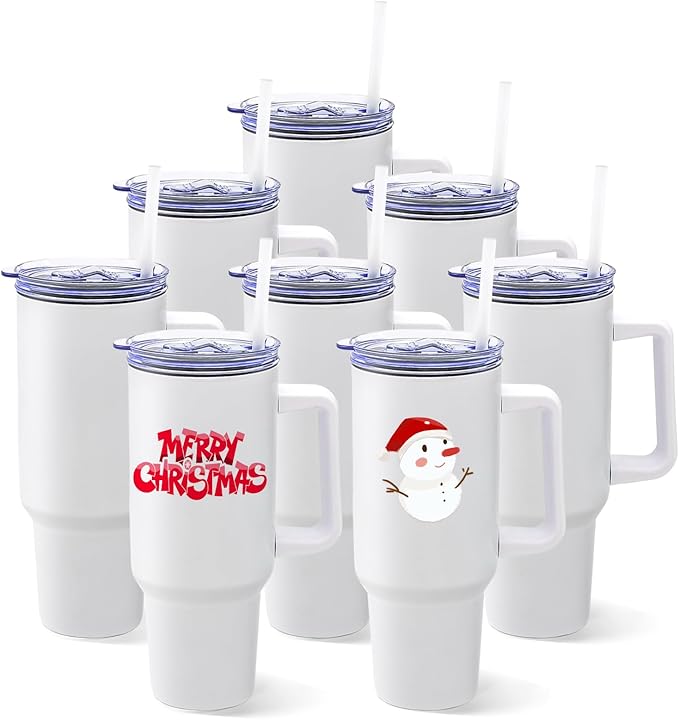 YOUKE OLA 8 Pack Sublimation Tumblers 40oz with Handle Blanks Stainless Steel Insulated Large Tumbler Bulk Coffee Travel Cups for Tumbler Heat Press Sublimation Oven Printing, White