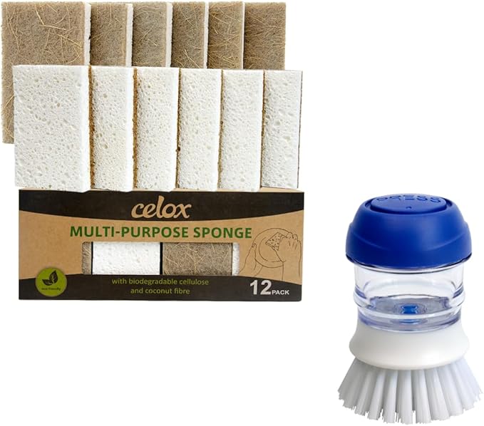 CELOX 12 Pack Coconut Fiber Biodegradable Sponges and Dish Scrubber with Soap Dispenser for Pots, Dishes, Bowls