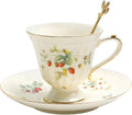 Porcelain Tea Cup and Saucer Set, 8.5 oz/250 ml Ceramic Coffee Mug with Saucer and Spoon, Vintage Coffee Cup with Gold Trim for Mom Women Mother's Day, Retro Strawberry Pattern