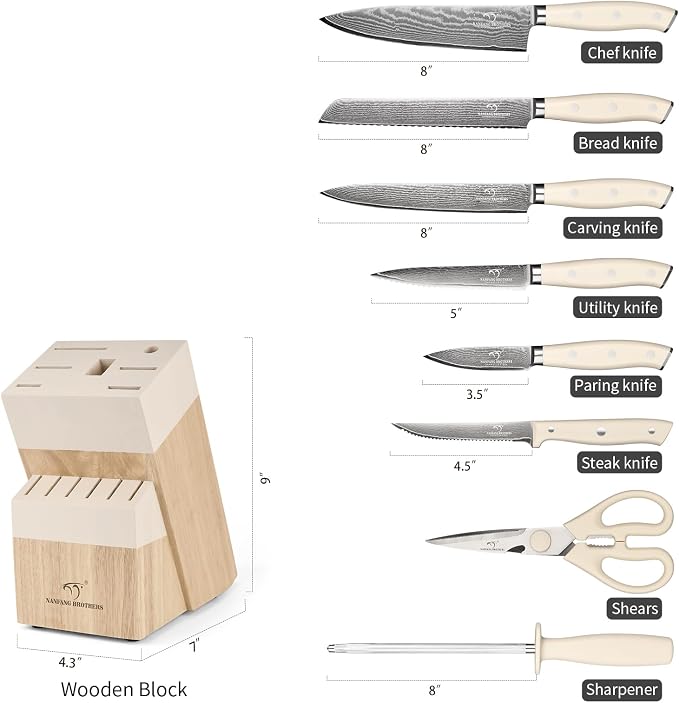 NANFANG BROTHERS Damascus Kitchen Knife Set 14 Pieces with Shears & Sharpener - VG10 Damascus Steel, ABS Ergonomic Handle, Wooden Block Storage White