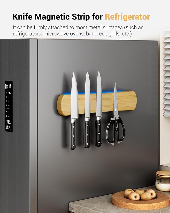 Swaitee Magnetic Knife Holder for Wall, 12 Inch Bamboo Magnetic Knife Strip, Kitchen Storage Organizer, Fridge Side Mount, Housewarming Gifts for New Home