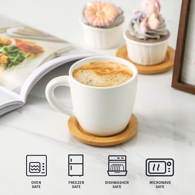 HASENSE 8 oz Cappuccino Cups with Saucers set of 6, Porcelain Coffee Mugs Latte Mugs with Handle Perfect for Double Shot, Americano, Milk and Tea, White