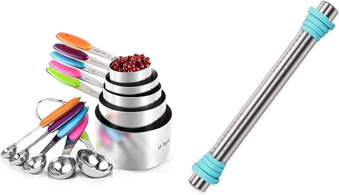 U-Taste 18/8 Stainless Steel Measuring Cup and Spoon Set of 10 Multicolor and 16 inch Adjustable Rolling Pin with Silicone Removable Thickness Rings Aqua Sky