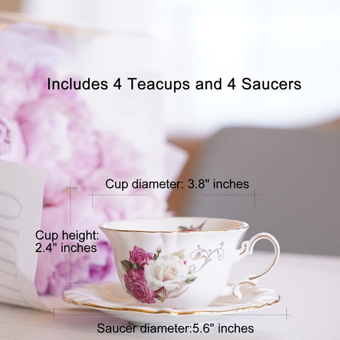 Ceramic Tea Cups Coffee Cup and Saucers Set of 4 (Rose)