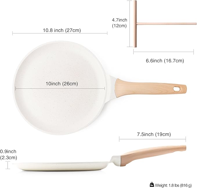 Kordisen Crepe Pan Nonstick, 10 Inch Healthy Coating Comales para Tortillas Dosa Pan with Spreader, Induction Compatible, PFOA Free (White)