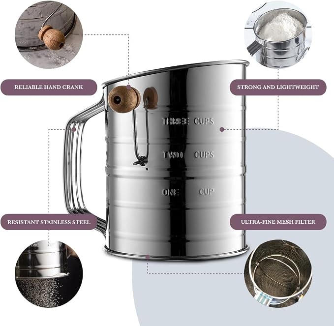 Bellemain 3 Cup Flour Sifter for Baking Fine Mesh Rotary Hand Crank with Loop Agitator for Quick Sifting, Flour Sifter Stainlees Steel