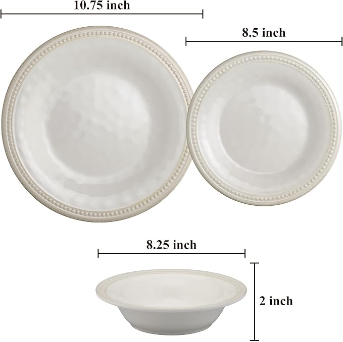 UPware 12 Piece Beaded Melamine Dinnerware Sets, Outdoor Dishes Set, Plates and Bowls Sets, Service for 4, Cream