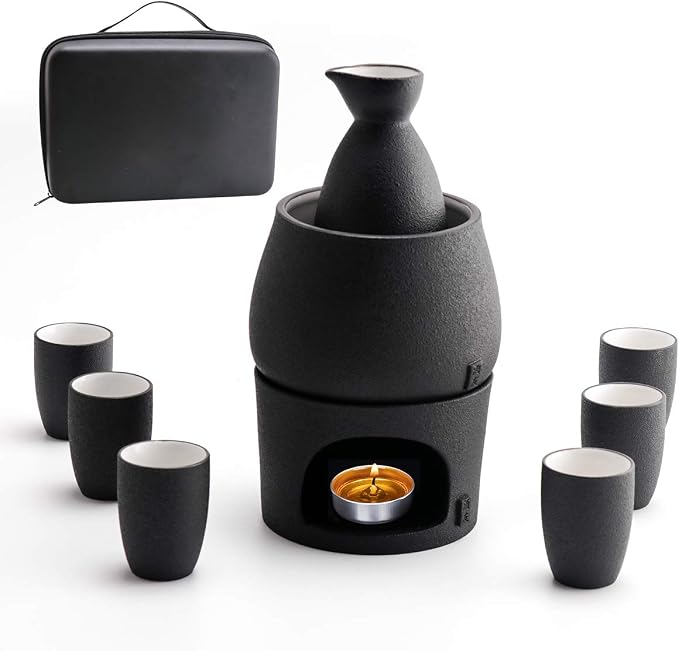 Ceramic Sake Set Cups with Warmer + Sake Saki Drink Storage Box, Porcelain Pottery Hot Cold Saki Drink, 9pcs include 1 Stove 1 Warming Bowl 1 Sake Bottle 6 Cup