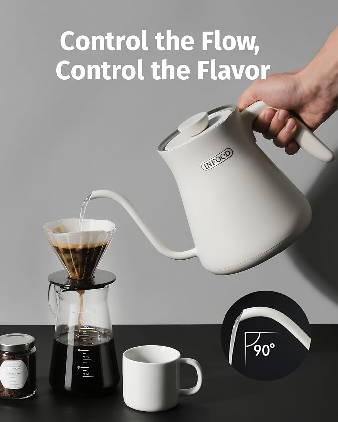 INFOOD 0.8L Gooseneck Electric Kettle, Precise Temperature Control for Pour Over Coffee & Tea, 1200W Fast Boiling Water, Auto Shut Off, Scheduling, Stainless Steel, White