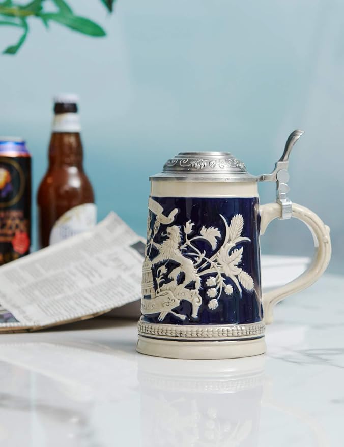 HAUCOZE Beer Stein Mug German Bavarian Drinking Viking Tankard with Pewter Lid Birthday Gifts for Men Father Husband 0.6 Liter