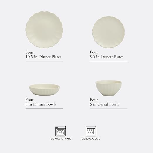 Gibson Elite Malibu Shore 16 Piece Scallop Stoneware Reactive Glaze (Service for 4) Ceramic Plates and Bowls Dinnerware Set - Cream White