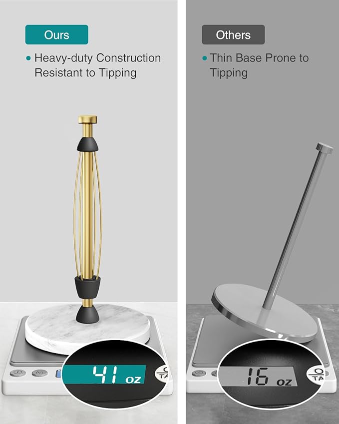 Paper Towel Holder Countertop, Marble Weighted Base, Warm Gold, One-Handed Tear, Freestanding Paper Towel Stand Rack with Ratchet Mechanism for Kitchen Bathroom Essential Decor Accessories