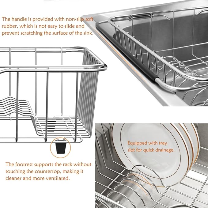 NiuYichee Stainless Steel Dish Drying Rack(15.2"L X 11"W X 5.3"H), Expandable Fruit & Vegetable Drain Rack over Sink, Dish Drainer Rack in Sink, with Stainless Steel Utensil Holder & Silicone Mat(16")