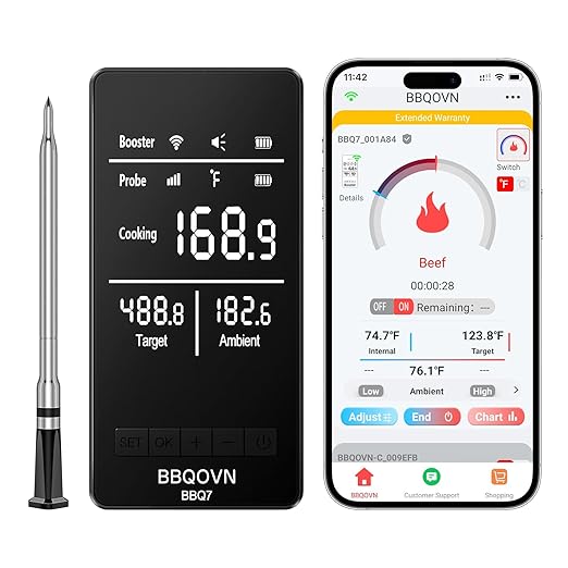 BBQOVN Smart WiFi Wireless Meat Thermometer, Sub-1G Long Range 1000FT, 7 NIST Certified Sensors in 1 Thinner Probe ±0.5℉ Accuracy, Standalone Base with App