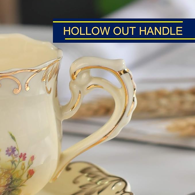 YOLIFE Tea Cup and Saucer Set of 2, 8 oz Vintage Ivory Porcelain Tea Cups Set with Stand, Teacup Saucer Set - Flowering Shrubs with Gold Leaves