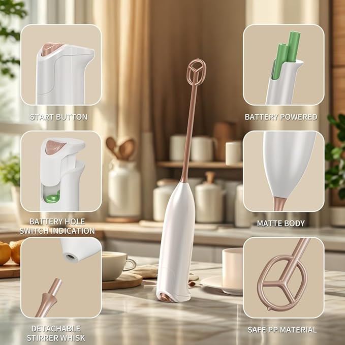 Electric Milk Frother, White, Rose Gold Accents, 1W High-Torque Motor, Handheld Design, Battery Powered, for Coffee Drinks, Baby Food Mixing