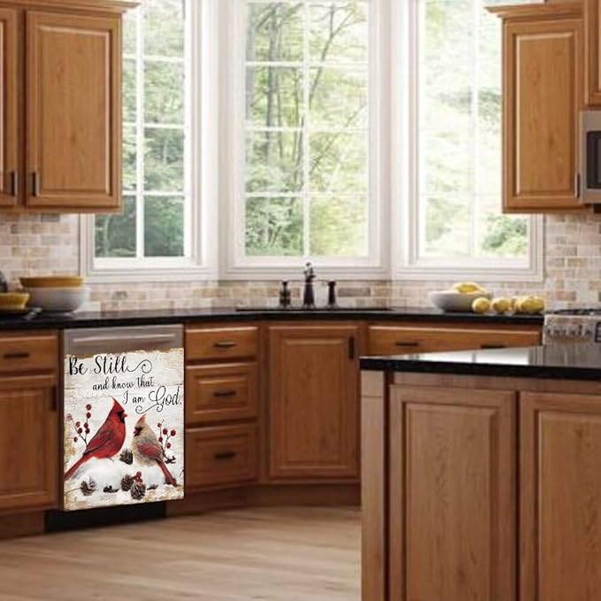 Red Hummingbird Dishwasher Magnet Cover,Winter Snow Scene Dishwasher Magnetic Sticker,Pine Cone Refrigerator Panel Decal,Wood Grain Washing Machine Front Door Magnetic Decoration,23"x26"