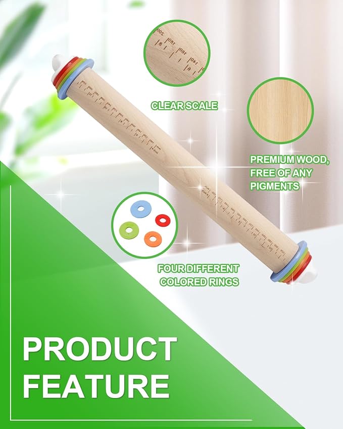 16.7" Rolling Pin with Thickness Rings for Cookies, Dough, Pizza & Pastries, Roller Rod for Dough Thickness, Adjustable Wooden Rolling Pin with 4 Thickness Rings,1PCS