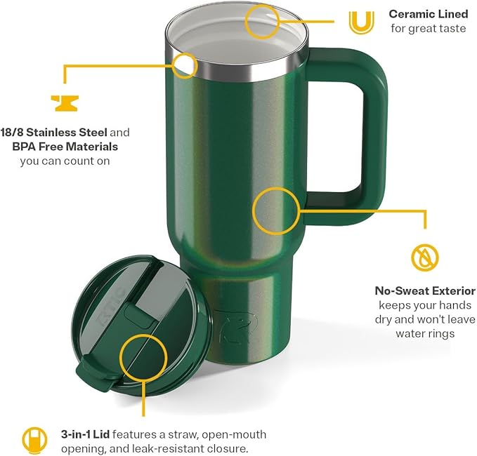 RTIC 30 oz Road Trip Tumbler Double-Walled Ceramic Lined InsulatedStainless Steel Portable Travel Coffee Mug Cup with Lid, Handle and Straw, Pine Tree Glitter