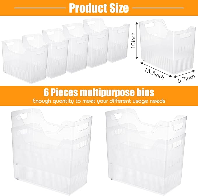Qunclay 6 Plastic Freezer Organizer Bins with Wheel Set Clear Tall Narrow Kitchen Pantry Organizer Snack Storage Containers for Office Refrigerator(10 x 13.3 x 6.7inches)
