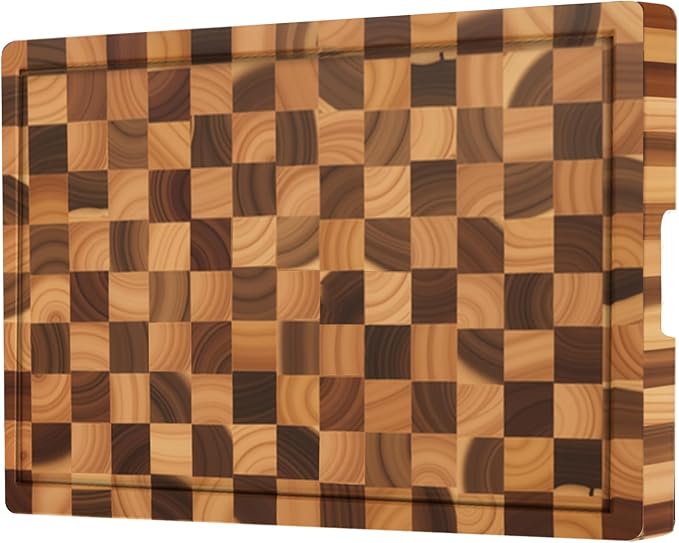 Acacia Wood Cutting Boards for Kitchen, Checkered Chopping Board with Juice Grooves & Handles, Large Butcher Block Serving Tray with Non‑Slip Feet, 17" x 11.8" x 1.5"